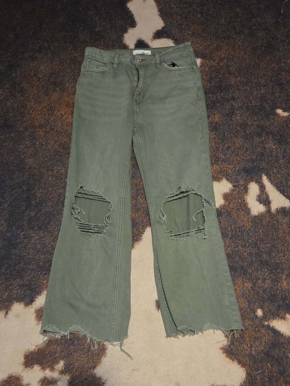 VERVET BY FLYING MONKEY Olive Distressed Wide-Leg Jeans